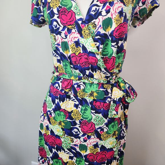 Boden Floral Wrap Dress Jersey Stretch Colorful Short Sleeve Size 6R - Picture 4 of 8